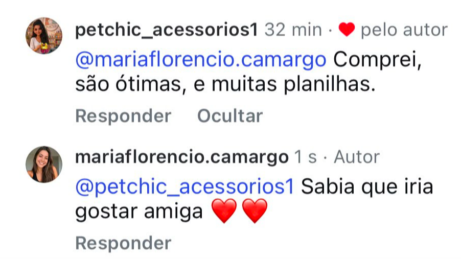 Comentário no Instagram de cliente elogiando as planilhas